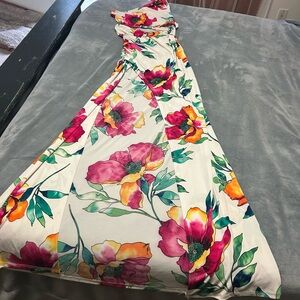 Cameo One Shoulder Maxi Dress Size 3 Floral Print Front Slit Cutout Waist Chic